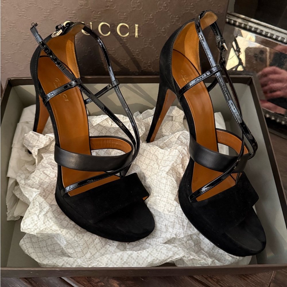 Authentic Gucci Black Strappy Sandal Heels Size 39, US 9